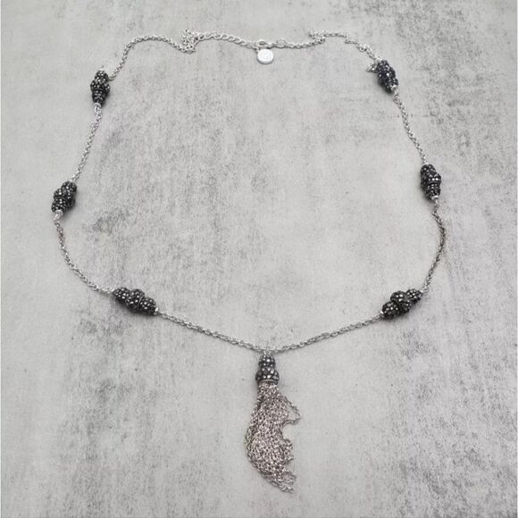 Liz Claiborne Necklace Silver Tone Station Beads Tassel Pendant 26 Inch NWOT - Picture 2 of 8
